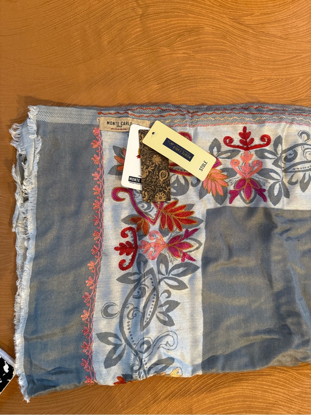 NWT! Gray Floral Embroidered Women's Scarf - Monte Carlo